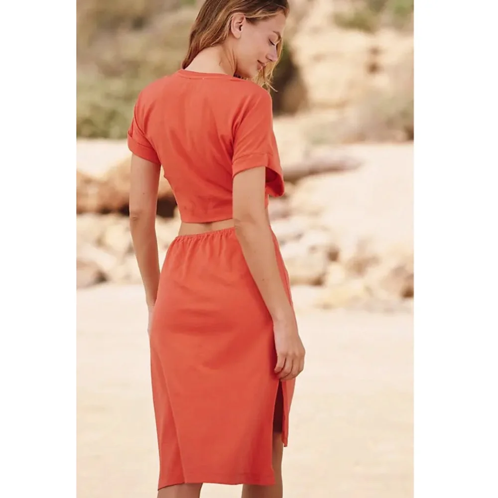 Knot-Front Orange Midi Dress with Cutout - Picture 3 of 14